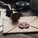 Wax-sealed envelope and vintage notary stamp on a wooden table