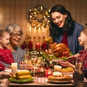a happy family is having dinner at home celebrating a holiday