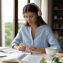 A young woman with headphones on reading a text aloud