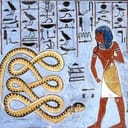 Ancient Egyptian art from the tomb of Pharaoh Ramses I, showing a deity warding off Apep, circa 1307 BC, in Thebes West