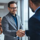 Close-up of two businessmen shaking hands in the office, symbolizing a business partnership.