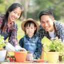 Family of three gardening