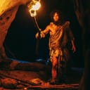 A prehistoric man entering a cave carrying a torch