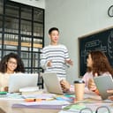 A group of coworkers working together in an office