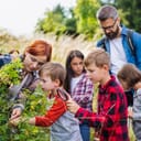 a group of school children with teachers on field trip in nature