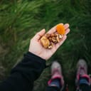 person holding dry fruits and nuts in their palm while on a hike or a longer walk in the nature