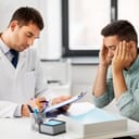 A doctor reading results to a patient holding hands on his head