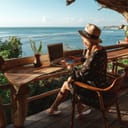 young female digital nomad working on a laptop at a beachside cafe with a sea view