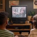 two kids watching a zombie movie on TV, seated on the floor in the living room