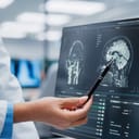 A female doctor pointing to a brain scan with a pen