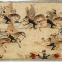 Illustration from Rashid-ad-Din's "Gami' at-tawarih" depicting mounted warriors chasing their foes, likely a scene of Mongol conflict, from the 14th century. 