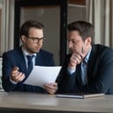 two men talking in an office, analyzing a report that one of them is holding in his hand