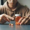 Photo of a person's hand pointing to an orange pill bottle with a white cap on a table