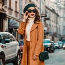 A young woman wearing a long orange coat, a beret and sunglasses