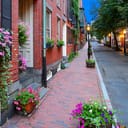A charming street with red brick facade buildings and a lot of flower pots and trees