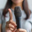Woman taps microphone with finger.