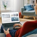 over-the-shoulder view of a woman reading an article on her laptop in the living room