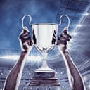 Artistic depiction of a trophy being triumphantly raised inside a stadium
