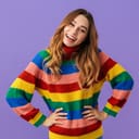 smiling young girl wearing a colorful sweater and posing in front of a violet background with her head tilted and hands on her waist