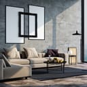 A modern, minimalist living room with a wall piece, a couch and a coffee table