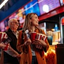 A young woman holding a box of popcorn and a soda while waiting to enter the cinema