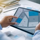 close-up of a man holding a tablet and viewing various land plots in the office