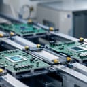 close-up of a circuit board equipped with a sophisticated microchip on the assembly line in an electronics manufacturing facility
