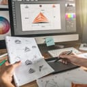 graphic designer sketching out logo on the computer from previously drawn sketches in the notebook