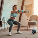 Fit young woman in athletic wear doing a squat with dumbbells at home
