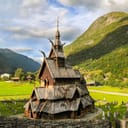 Borgund stave wooden church in Western Norway at sunny summer day