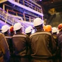 A group of workers in work clothes wearing helmets