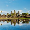Cambodian landmark Angkor Wat with water reflection. Siem Reap, Cambodia