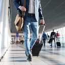 Man with a shoulder bag and hand luggage walking through an airport terminal