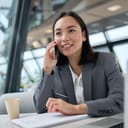 young businesswoman in a suit making a phone call while working at her desk in a modern office