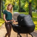 Woman walking with her newborn child in a stroller