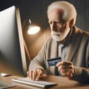 Photo of an elderly man at a desk looking at his computer screen with a concerned expression as he holds a bank card and types.