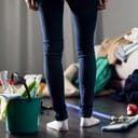 Woman getting ready to clean the house with cleaning supplies beside her