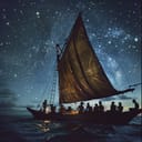 Ancient sailors navigate a sailboat using the stars.