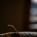 a loose thread on a piece of fabric set against a dark, blurred background