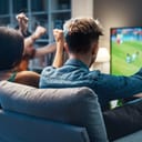 group of friends enthusiastically cheering for their team while watching a football match on TV