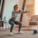 A young woman doing squats with weights at her home