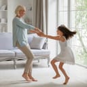 Middle-aged woman dancing with a young girl indoors
