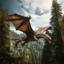 A big red dragon flying over a dense forest