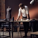 male tailor in white shirt and leather suspenders working in his atelier