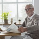 A senior man sitting next to a window reading newspaper