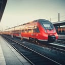 Beautiful railway station with modern red commuter train at colorful sunset in Nuremberg , Germany. Railroad with vintage toning