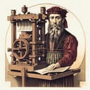 German jeweler and blacksmith Johann Gutenberg next to a printing press (illustration).