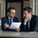 Serious young businessmen read and discuss a report