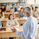 Mature professor giving a lecture to a large group of college students