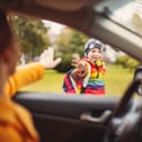 A mother dropping off her young child near the school, waving to each other.